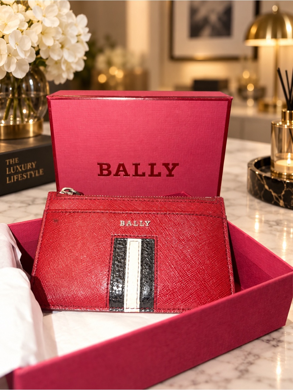 Bally Red Leather Zip Card Holder Wallet Black White Stripe | Box